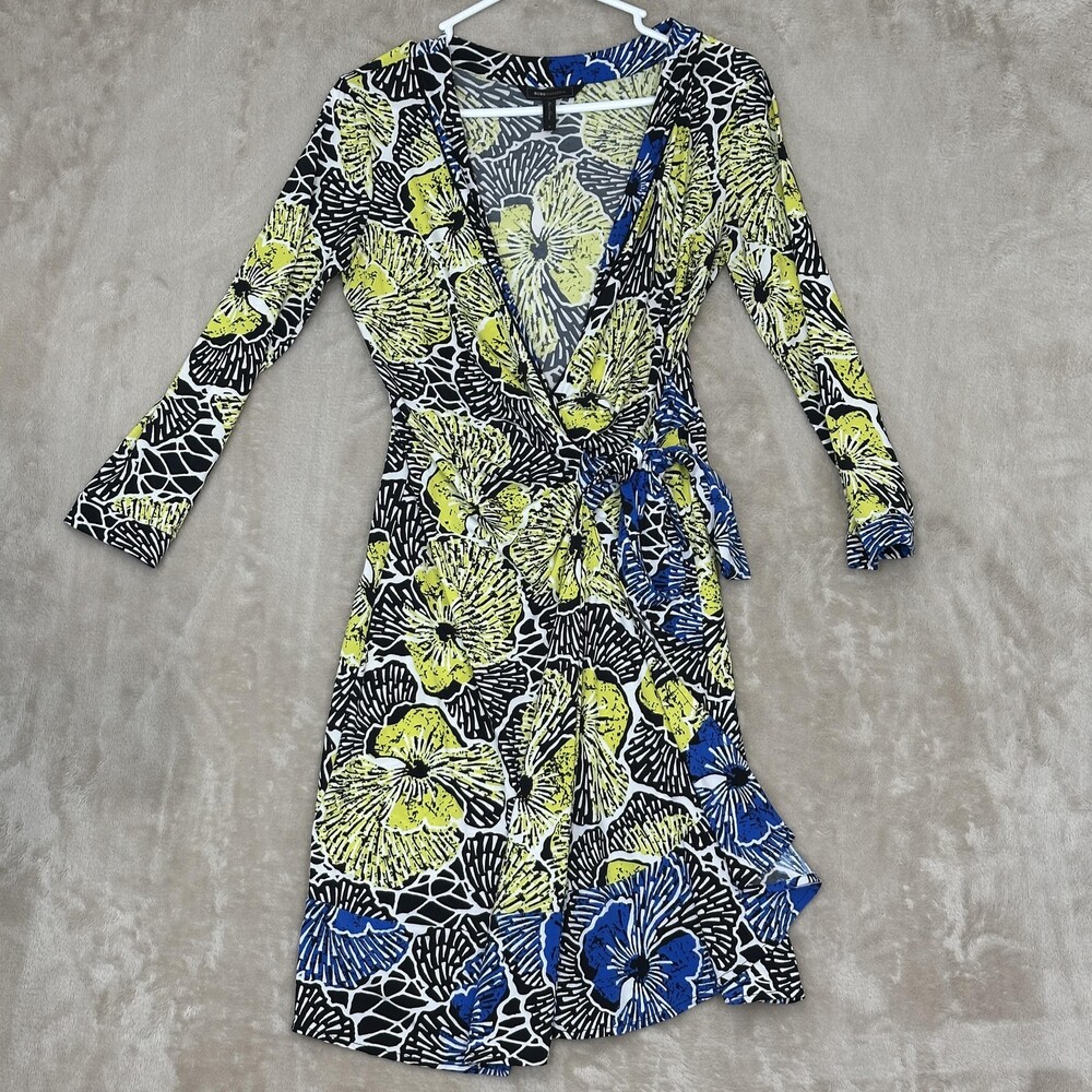 BCBGMAXAZRIA Dress Womens Small Multicolor Floral Print Wrap V Neck 3/4 Sleeve